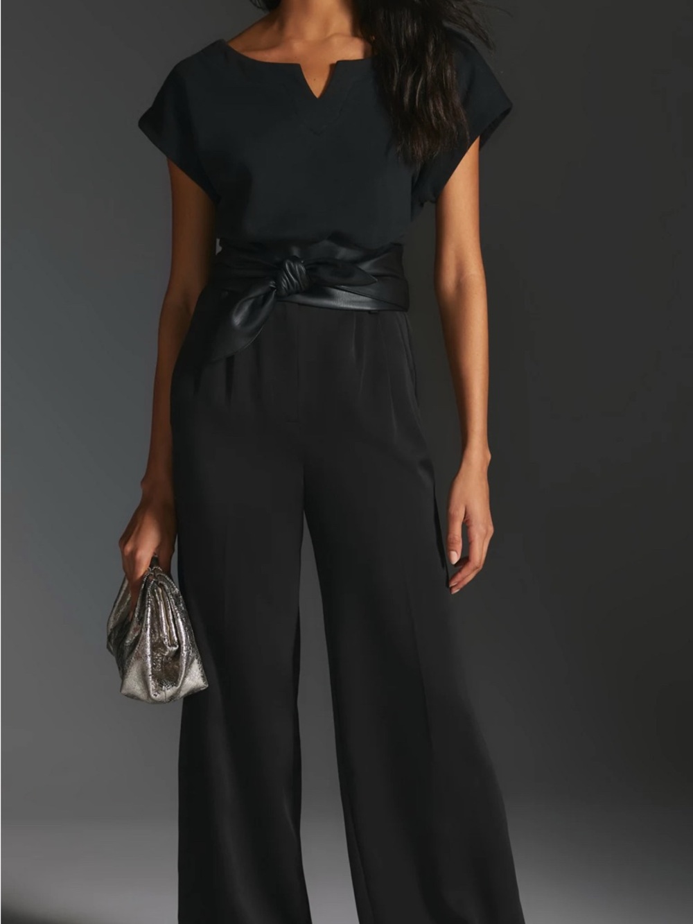 NWT Anthropologie Black V-Notch Short Sleeve Top with Faux Leather Belt